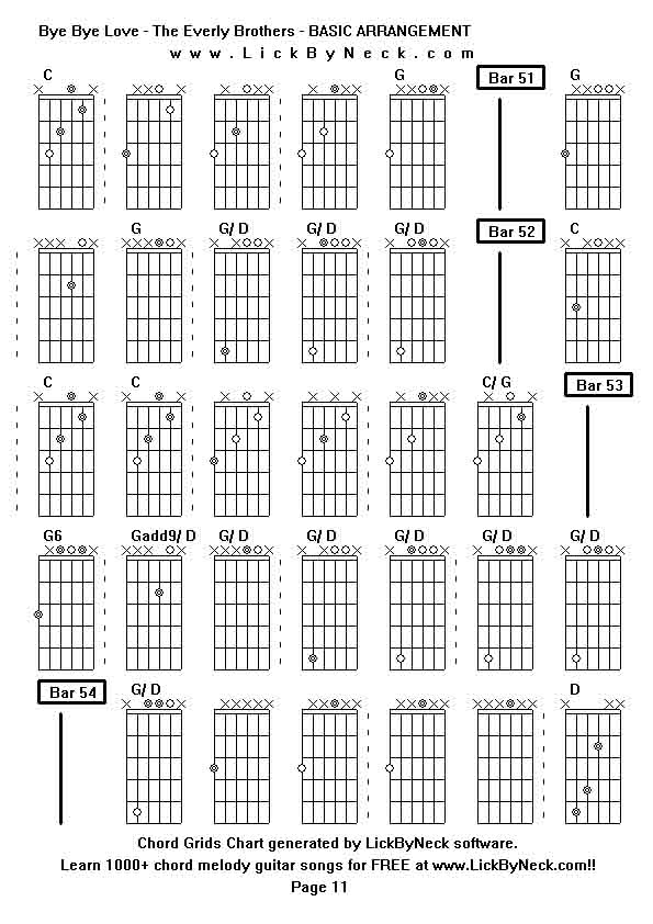 Chord Grids Chart of chord melody fingerstyle guitar song-Bye Bye Love - The Everly Brothers - BASIC ARRANGEMENT,generated by LickByNeck software.